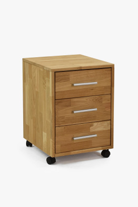 Természetes tölgyfa fiókos komód 3 fiókkal, kerekes mobil tároló